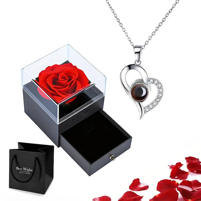 Projection Necklace Set With Rose Gift Box 100 Languages I Love You Heart Pendant Jewelry 2024 For Girlfriend Gifts Dropshipping